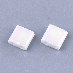 White 2-Hole Opaque Glass Seed Beads, AB Colours, Rectangle, White, 5x4.5~5.5x2~2.5mm, Hole: 0.5~0.8mm