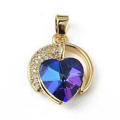 Mauve Real 18K Gold Plated Rack Plating Brass Micro Pave Clear Cubic Zirconia Pendants, with Glass, Long-Lasting Plated, Cadmium Free & Lead Free, Heart Charm, Mauve, 21x17.5x8mm, Hole: 5x3mm