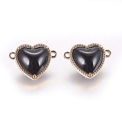 Black Glass Links connectors, with Eco-Friendly Alloy Findings, Heart, Light Gold, Black, 14x18.5x7mm, Hole: 1.2mm