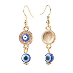 Round Crystal Rhinestone Dangle Earrings with Enamel Evil Eye, Brass Drop Earrings with Resin Beaded for Women, Golden, Round Pattern, 49.5mm, Pin: 0.7mm
