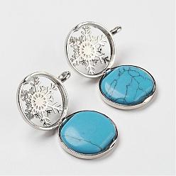 Synthetic Turquoise Synthetic Turquoise Pendants, with Brass Diffuser Locket Findings, Flat Round with Snowflake, 31x26x8mm, Hole: 4mm