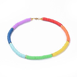 Colorful Handmade Polymer Clay Heishi Beaded Necklaces, with Brass Spacer Beads and 304 Stainless Steel Findings, Colorful, 16.1 inch(41cm), 6mm