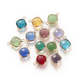 Mixed Color Glass Links connectors, with Brass Findings, Faceted, Rhombus, Mixed Color, 17x11.5x4mm, Hole: 1.6mm