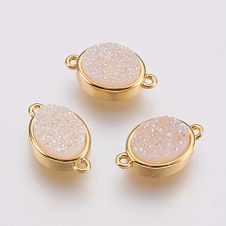 White Druzy Resin Links connectors, with Brass Findings, Oval, White, 9x14x5mm, Hole: 1mm