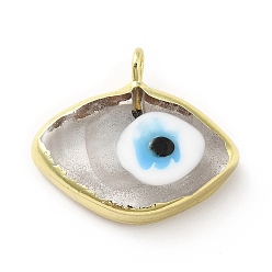 Clear Handmade Lampwork Pendants, with Rack Plating Brass Findings, Long-Lasting Plated, Evil Eye, Clear, 17~18x21~22x4~4.5mm, Hole: 2mm