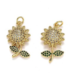 Real 18K Gold Plated Brass Micro Pave Cubic Zirconia Pendants, Long-Lasting Plated, with Jump Ring, Sunflower, Real 18K Gold Plated, 25x14x6.5mm, Jump Ring: 5x1mm, Hole: 3mm