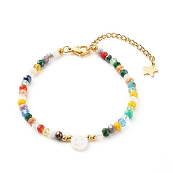 Colorful Electroplate Glass Beaded Bracelets, with Smiling Face Shell Beads, Colorful, 7-1/2 inch(19.2cm)