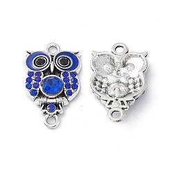 Blue Alloy Rhinestone Connector Charms, Owl Charms, with Enamel, Antique Silver, Blue, 25x15x4.5mm, Hole: 2mm
