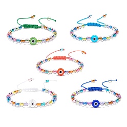 Mixed Color Acrylic Evil Eye & Round Lampwork Braided Bead Bracelet for Women, Mixed Color, Inner Diameter: 2~3-3/4 inch(5.2~9.5cm)