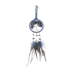 Plume Toile/filet tissé en fer et jaspe bleu naturel avec décorations de pendentif en plumes, rond et plat avec un arbre, 75mm