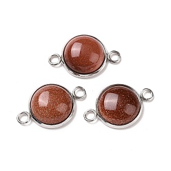 Goldstone Synthetic Goldstone  Connector Charms, Half Round Links, with Stainless Steel Color Tone 304 Stainless Steel Findings, 14x22x5.5mm, Hole: 2mm