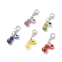 Mixed Stone Gemstone Beaded Gourd Feng Shui Pendant Decorations, Evil Eye Lobster Clasp Charms, Clip-on Charms, for Keychain, Purse, Backpack Ornament, Stitch Marker, 37mm