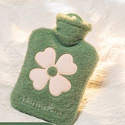 Green PVC Hot Water Bottles with with Soft Fluffy Cover, Hot Water Bag, Clover Pattern, Green, 215x140mm, Capacity: 500ml(16.91 fl. oz)