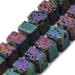 Rainbow Plated Electroplated Natural Lava Rock Beads Strands, Rectangle, Rainbow Plated, 6x6.5x6.5mm, Hole: 1mm, about 68pcs/strand, 16.54''~16.93''(42~43cm)
