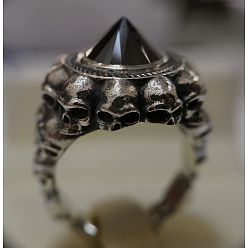 Antique Silver Jet Rhinestone Cone Chunky Finger Ring, Alloy Skull Gothic Ring for Men Women, Antique Silver, US Size 9(18.9mm)