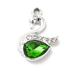 Green Alloy Glass Pendants, Crystal Rhinestone Swan Charm, Platinum, Green, 23x15x5mm, Hole: 2mm