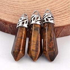 Tiger Eye Bullet Natural Tiger Eye Pendants, with Platinum Tone Alloy Findings, 33~40x8~10mm, Hole: 3x2mm