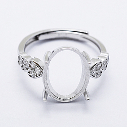 Platinum Rhodium Plated 925 Sterling Silver Finger Ring Components, with Cubic Zirconia, Adjustable, Heart, Platinum, Size 7(17mm), 2mm wide, Tray: 10x13mm