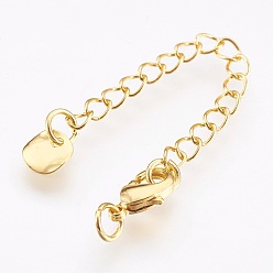 Real 18K Gold Plated Brass Chain Extender, with Lobster Claw Clasps, Cadmium Free & Nickel Free & Lead Free, Long-Lasting Plated, Flat Round, Real 18K Gold Plated, 68~73x3mm, Hole: 2.5mm, Clasps: 10x6x3mm