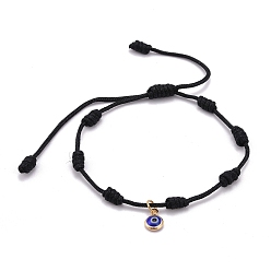Black Adjustable Nylon Thread Charm Bracelets, Lampwork Flat Round with Evil Eye, Black, Inner Diameter: 1-3/4~3-5/8 inch(4.6~9.2cm)