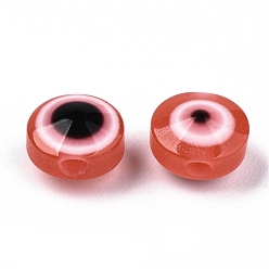 Orange Red Resin Beads, Flat Round, Evil Eye, Orange Red, 6x4mm, Hole: 1.5mm