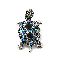 Plata Antigua Broche de tortuga con diamantes de imitación ab de cristal, insignia de aleación para ropa de mochila, sin plomo y cadmio, plata antigua, 44x25.5x9.5 mm, pin: 0.6 mm