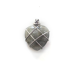 Labradorite Natural Labradorite Copper Wire Wrapped Pendants, Heart Charms, Silver Color, 20mm