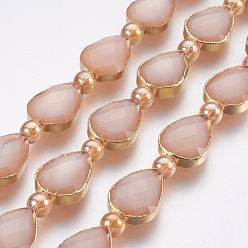 Rose Brumeux Perles verre opaque brins, facette, bord en laiton doré, larme & rond, rose brumeuse, 18x12.5~13x7~7.5mm, Trou: 1mm, Environ 10 pcs/chapelet, 9 pouce (23 cm)