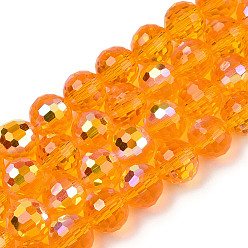 Orange Transparentes perles de verre de galvanoplastie brins, facette, demi couleur ab plaqué, ronde, orange, 8x7~7.5mm, Trou: 1.0mm, environ 71~72 pcs / brin, 20.20~21.85 pouce (51.3~55.5 cm)
