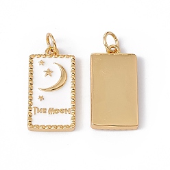 White Rack Plating Brass Enamel Pendants, Cadmium Free & Nickel Free & Lead Free, Real 18K Gold Plated, Rectangle with Star & Moon & Word The Moon, White, 20x10x2mm, Jump Ring: 5x0.8mm, 3.5mm Inner Diameter