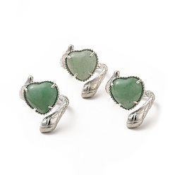 Aventurine Verte Coeur d'aventurine verte naturelle avec anneau de manchette ouvert serpent, bijoux en laiton platine pour femme, taille us 8 1/2 (18.5 mm)