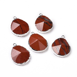 Красный Камень Подвески из натуральной красной яшмы, с латунной фурнитурой , граненые, капля, серебряные, 31~35x20~25x7~9 мм, отверстие : 2.5 мм