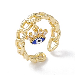 Blue Clear Cubic Zirconia Evil Eye Charm Open Cuff Ring with Enamel, Real 18K Gold Plated Brass Jewelry for Women, Lead Free & Cadmium Free, Blue, US Size 6 3/4(17.1mm)