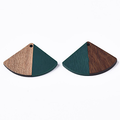 Teal Resin & Wood Pendants, Fan Shape, Teal, 26x37.5~38x3.5mm, Hole: 2mm