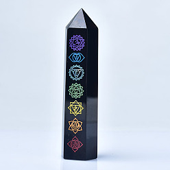 Colorful Chakra Natural Obsidian Display Decoration, Healing Stone Wands, for Reiki Chakra Meditation Therapy Decos, Bullet/Hexagonal Prism, Colorful, 70~80mm