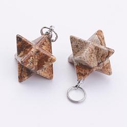 Picture Jasper Natural Picture Jasper Pendants, with 201 Stainless Steel Split Rings, Stainless Steel Color, Merkaba Star, 22~23x16.5~17x19mm, Hole: 6mm