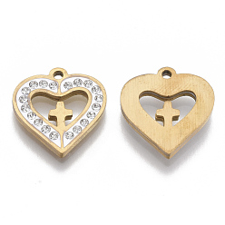 Golden 201 Stainless Steel Pendants, Crosslet Heart Pendants, with Polymer Clay Crystal Rhinestone, Heart with Cross, Golden, 17x16x2.5mm, Hole: 1.6mm