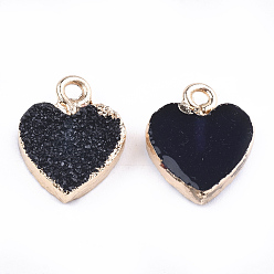 Negro Colgantes de resina druzy electrochapados, con fornituras de hierro, corazón, la luz de oro, negro, 15x12x3.5~4 mm, agujero: 1 mm