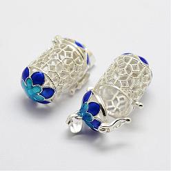Blue Brass Cage Pendants, For Chime Ball Pendant Necklaces Making, with Enamel, Hollow Column & Flower, Silver Color Plated, Blue, 28x18.5x14.5mm, Hole: 4x6mm, inner size: 12.5mm in diameter