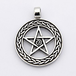 Antique Silver Retro Pentagram with Flat Round 304 Stainless Steel Pendants, Antique Silver, 43x34x3mm, Hole: 5mm