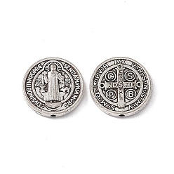 Antique Silver Tibetan Style Alloy Beads, Flat Round with Priest & Cross Pattern, Antique Silver, 14.5x2.5mm, Hole: 1.2mm