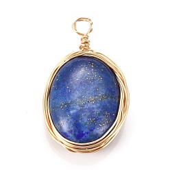 Lapis Lazuli Natural Lapis Lazuli Pendants, Wire Wrapped Pendants, with Light Gold Plated Eco-Friendly Copper Wire, Oval, Dyed, 21~24x13~14x6~6.5mm, Hole: 1.5~2.5mm