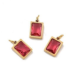 Crimson Vacuum Plating 304 Stainless Steel Pendants, with Cubic Zirconia and Jump Rings, Single Stone Charms, Rectangle, Golden, Crimson, 11.5x8x3.5mm, Hole: 3.6mm