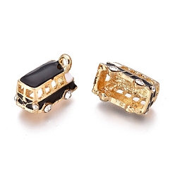 Negro Colgantes de la aleación, con esmalte y diamantes de imitación de cristal, autobús, dorado, negro, 18x11x13 mm, agujero: 2.5 mm