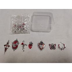 Roja Kit de búsqueda de fabricación de joyas de bricolaje, incluyendo 14 piezas 7 estilo colgante de esmalte de aleación y cabujones para diamantes de imitación, cruz y corazón y calavera y corazón de murciélago, rojo, 25~47.5x16~28x3.5~9 mm, agujero: 1.2~2.5 mm, 2 piezas / estilo