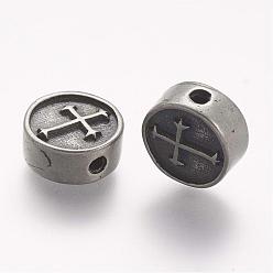Antique Silver 304 Stainless Steel Beads, Flat Round with Cross, Antique Silver, 11x4.5mm, Hole: 2mm