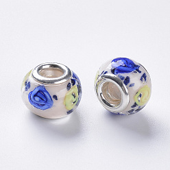 Blue Handmade Lampwork European Beads, Large Hole Beads, with Silver Color Plated Brass Double Cores, Inner Flower Lampwork, Rondelle, Blue, 14x11mm, Hole: 5mm