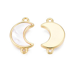 Creamy White Brass Connector Charms, with Natural Shell, Real 18K Gold Plated, Moon, Creamy White, 16.5x10x2mm, Hole: 1.2mm