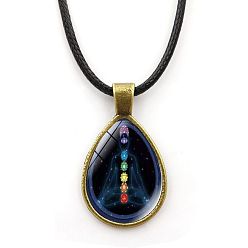 Prussian Blue Yoga Theme Alloy Teardrop Pendant Necklace with Wax Rope for Women, Prussian Blue, 16.93 inch(43cm)