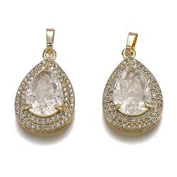 Clear Golden Plated Brass Micro Pave Clear Cubic Zirconia Pendants, with Glass, Long-Lasting Plated, with Snap on Bails, Teardrop, Clear, 24.5x16x7.5mm, Hole: 3x5mm